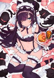 Rule 34 | 1girl, :&lt;, animal, animal ears, apron, arm belt, arm support, artist name, bare shoulders, bikini, black cat, black ribbon, blue eyes, blush, bow, bow panties, breasts, bridal garter, burger, cat, cat ears, cat teaser, cleavage, closed mouth, collarbone, cup, cursive, detached collar, drink, drinking glass, drinking straw, envelope, flag, food, frilled bikini, frilled panties, frilled pillow, frills, from above, groin, hair ornament, hair over one eye, heart, highres, holding, holding plate, ketchup, lingerie, long hair, looking at viewer, maid, maid bikini, maid headdress, medium breasts, mika pikazo, mini flag, mole, mole on breast, navel, neck ribbon, original, panties, pillow, pink bow, pink footwear, pink ribbon, plate, purple hair, purple thighhighs, red bow, ribbon, sanpaku, shoes, signature, sitting, skindentation, solo, stomach, suspenders, swimsuit, thighhighs, thighs, unconventional maid, underwear, very long hair, wrist cuffs, x hair ornament, yarn, yarn ball, yokozuwari