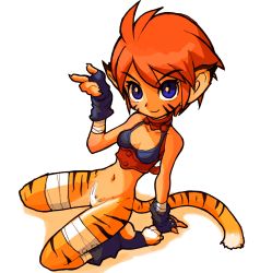 Rule 34 | 1girl, absurdres, animal ears, blue eyes, breasts, breath of fire, breath of fire ii, cat ears, cat tail, closed mouth, facial mark, furry, furry female, gloves, highres, izuna yoshitsune, looking at viewer, no panties, no pants, orange hair, pointy ears, rinpoo chuan, short hair, simple background, solo, tail, white background
