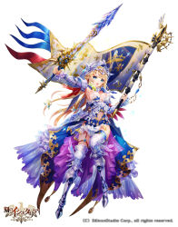 Rule 34 | 1girl, age of ishtaria, armor, armored boots, armored dress, armpits, blonde hair, blue eyes, boots, breasts, cleavage, commentary, copyright name, copyright notice, detached sleeves, flag, frilled sleeves, frills, full body, gauntlets, helmet, highres, holding, holding sword, holding weapon, large breasts, logo, long hair, navel, nemusuke, official art, open mouth, simple background, solo, sparkle, sword, thighhighs, weapon, white background