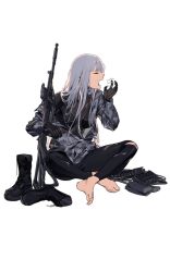 Rule 34 | 1girl, ak-12 (girls&#039; frontline), barefoot, boots, camouflage, closed eyes, duoyuanjun, duplicate, girls&#039; frontline, grey hair, grey jacket, gun, highres, jacket, long hair, long sleeves, open mouth, profile, simple background, sitting, solo, tears, torn clothes, unworn boots, weapon, weapon request, white background, yawning