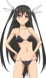 Rule 34 | 1girl, absurdres, bikini, black hair, gluteal fold, hands on own hips, highres, long hair, mayo chiki!, non-web source, red eyes, short twintails, solo, suzutsuki kanade, swimsuit, transparent background, twintails, two side up, vector trace