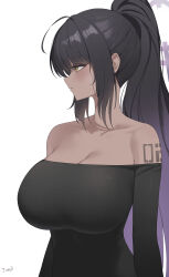 Rule 34 | 1girl, absurdres, ahoge, alternate costume, arm tattoo, artist name, bare shoulders, black dress, black hair, black shirt, blue archive, blush, breasts, cleavage, closed mouth, collarbone, commentary, dark-skinned female, dark skin, dress, expressionless, gradient hair, hair between eyes, halo, highres, huge breasts, karin (blue archive), large breasts, long hair, long sleeves, looking to the side, multicolored hair, number tattoo, off-shoulder dress, off-shoulder shirt, off shoulder, ponytail, profile, purple hair, purple halo, shirt, sidelocks, sideways mouth, signature, simple background, solo, tattoo, tomid, upper body, very long hair, white background, yellow eyes