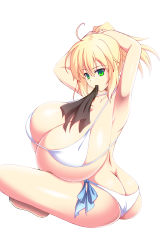 Rule 34 | 1girl, absurdres, akira agata, arms behind head, arms up, artoria pendragon (all), artoria pendragon (fate), ass, bikini, blonde hair, breasts, butt crack, fate (series), gigantic breasts, green eyes, highres, saber (fate), short hair, sitting, skindentation, solo, swimsuit, thighs