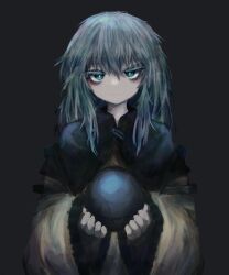 Rule 34 | 1girl, :|, black background, black capelet, bright pupils, buttons, capelet, closed mouth, diamond button, eyeball, frilled sleeves, frills, green eyes, grey hair, highres, holding eye, komeiji koishi, light frown, long sleeves, looking at viewer, medium hair, no headwear, reverinth, shirt, solo, third eye, touhou, upper body, wide sleeves, yellow shirt