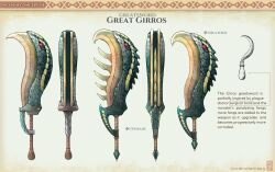 absurdres artist_name character_name character_sheet concept_art english_text fangs gradient_background great_girros greatsword highres monster_hunter monster_hunter:_world monster_hunter_(series) no_humans red_eyes reference_inset scales sickle spikes sword uchi_vs_the_world watermark weapon weapon_focus