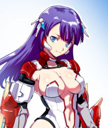 Rule 34 | 1girl, aoba (smartbeat), arm guards, blue background, blue eyes, blunt bangs, blush, breasts, center opening, closed eyes, closed mouth, fate/grand order, fate (series), gradient background, headgear, large breasts, leotard, long hair, martha (aerial drive) (fate), martha (fate), navel, purple hair, revealing clothes, shiny skin, smile, solo, stomach, straight hair, strapless, strapless leotard, upper body, white leotard
