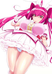 Rule 34 | 1girl, animal ears, breasts, buttons, cosplay, di gi charat, dice, dice hair ornament, gloves, hair ornament, kaname madoka, kaname madoka (cosplay), konmori (kinbou sokai), large breasts, looking down, magical girl, mahou shoujo madoka magica, open mouth, panties, pink hair, rabbit ears, red eyes, ribbon, skirt, solo, twintails, underwear, usada hikaru, white background, white gloves