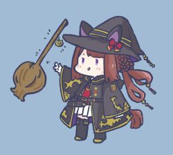Rule 34 | 1girl, animal ears, animal hat, black footwear, black hat, black robe, blue background, boots, braid, broom, brown hair, chibi, commentary request, fake animal ears, full body, hat, highres, hood, hood down, hooded robe, horse ears, horse tail, long hair, long sleeves, looking away, nozo (hitomiz), pleated skirt, purple eyes, robe, simple background, skirt, sleeves past wrists, solo, standing, sweater vest, sweep tosho (umamusume), tail, thigh boots, twintails, umamusume, v-shaped eyebrows, very long hair, white skirt, wide sleeves, witch hat