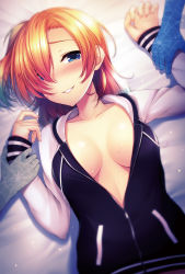 Rule 34 | 10s, 3girls, akatsuki rabbit, blonde hair, blue eyes, breasts, cardigan, cleavage, collarbone, from above, grin, hair over one eye, highres, holding another&#039;s wrist, kosaka honoka, long sleeves, looking at viewer, love live!, love live! school idol project, lying, medium breasts, minami kotori, multiple girls, no bra, on back, open cardigan, open clothes, partially unzipped, short hair, smile, sonoda umi, sweat, sweatdrop, upper body, white sleeves