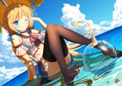 Rule 34 | 1girl, absurdly long hair, accident, andrea doria (warship girls r), arm support, ball, bare shoulders, beachball, belt, black thighhighs, blonde hair, blue eyes, blue skirt, blush, choker, cloud, convenient leg, crop top, day, dutch angle, feet, food, hair ribbon, ice cream, italian flag, long hair, low twintails, muq, no shoes, ocean, one eye closed, partially submerged, pleated skirt, ribbon, rubbing eyes, sitting, skirt, sky, soles, solo, thighhighs, toes, twintails, umbrella, very long hair, warship girls r, water, wet, wet clothes