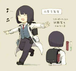 Rule 34 | 1boy, :d, ^ ^, androgynous, backpack, bag, beamed eighth notes, black bag, black footwear, blunt bangs, blunt ends, child, closed eyes, coat, collared shirt, commentary request, cropped torso, eighth note, grey background, grey pants, grey vest, happy, long sleeves, maniani, multiple views, musical note, necktie, noah (maniani), open clothes, open coat, open mouth, original, outstretched arms, pants, pouch, randoseru, red necktie, running, shirt, short hair, simple background, smile, spread arms, test tube, translation request, vest, waistcoat, white shirt