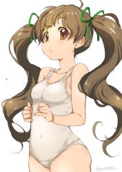 Rule 34 | 1girl, breasts, brown eyes, brown hair, covered navel, hakozaki serika, highres, idolmaster, idolmaster million live!, inoue sora, long hair, one-piece swimsuit, open mouth, ribbon, simple background, sketch, small breasts, solo, swimsuit, twintails, white background, white one-piece swimsuit