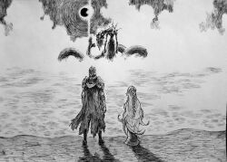 Rule 34 | 2boys, absurdres, black sun, braid, cape, chronozbergh, cloud, commentary, elden ring, from behind, full body, graphite (medium), greyscale, highres, horizon, long hair, looking ahead, male focus, miquella (elden ring), monochrome, monster, multiple boys, single braid, standing, sun, tarnished (elden ring), traditional media, trap