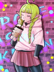 Rule 34 | 1girl, ahoge, alternate costume, black pantyhose, blunt bangs, braid, brick wall, closed eyes, clothes writing, commentary, contemporary, cowboy shot, cup, disposable cup, drink, drinking, drinking straw, english commentary, fingernails, fire emblem, fire emblem awakening, hand in pocket, highres, holding, holding cup, hood, hood down, hoodie, legs apart, light green hair, long hair, miniskirt, mnejing30, nah (fire emblem), nintendo, paint splatter, pantyhose, pink hoodie, pink skirt, pleated skirt, pocket, pointy ears, skirt, solo, standing, starbucks, twin braids