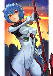 Rule 34 | 1girl, ayanami rei, blue hair, bodysuit, breasts, cowboy shot, explosion, expressionless, holding, holding polearm, holding weapon, hungry clicker, interface headset, lance, medium breasts, neon genesis evangelion, outdoors, pilot suit, plugsuit, polearm, rebuild of evangelion, red eyes, short hair, solo, spear of cassius, weapon, white bodysuit