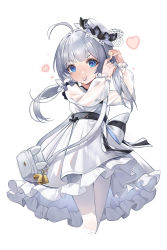 Rule 34 | 1girl, absurdres, adjusting hair, ahoge, azur lane, bag, bell, blue eyes, blunt bangs, commentary request, dress, frilled dress, frills, grey hair, hair between eyes, handbag, hat, heart, highres, little illustrious (azur lane), long hair, long sleeves, looking at viewer, mini hat, mouth hold, pantyhose, see-through, see-through sleeves, sidelocks, simple background, solo, starzexingze, tri tails, white background, white dress, white pantyhose