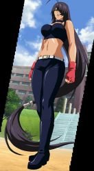 Rule 34 | 00s, 1girl, absurdres, ahoge, bare shoulders, belt, black hair, blue footwear, blue pants, boots, collar, fingerless gloves, from below, gloves, hair over one eye, highres, ikkitousen, kan&#039;u unchou, long hair, low-tied long hair, midriff, navel, outdoors, pants, red gloves, screencap, stitched, strapless, third-party edit, very long hair