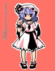 Rule 34 | 1girl, bat wings, blush stickers, dress, eyebrows, female focus, full body, hat, hat ribbon, looking at viewer, mob cap, outline, pink dress, puffy short sleeves, puffy sleeves, purple hair, red background, red eyes, remilia scarlet, ribbon, shoes, short sleeves, simple background, socks, solo, standing, touhou, watermark, web address, wings, wrist cuffs