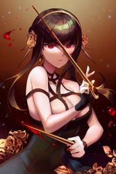 Rule 34 | 1girl, alpaca ash, bare shoulders, black dress, black hair, blood, bloody weapon, breasts, bridal gauntlets, cleavage, collarbone, dagger, dress, earrings, flower, gold earrings, gold hairband, gradient background, hairband, highres, holding, holding dagger, holding knife, holding weapon, jewelry, knife, large breasts, looking at viewer, low neckline, pendant, red eyes, rose, short hair with long locks, solo, spy x family, stiletto (weapon), upper body, weapon, yor briar