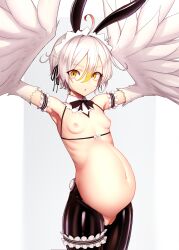 Rule 34 | 1girl, actinium89, ahoge, arm garter, armpits, arms up, black necktie, breasts, cleft of venus, commentary request, commission, cowboy shot, fake tail, feathers, grey hair, hair between eyes, harpy, highres, maid headdress, meme attire, monster girl, navel, necktie, nipples, original, pregnant, pussy, reverse bunnysuit, reverse outfit, short hair, skeb commission, small breasts, solo, tail, white feathers, white hair, white wings, wings, yellow eyes