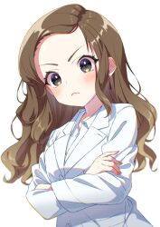 Rule 34 | 1girl, :&lt;, blush, collared shirt, crossed arms, earrings, frown, hair behind ear, highres, jacket, jewelry, kodebiru, looking at viewer, looking down, original, shirt, simple background, solo, upper body, v-shaped eyebrows, white background, white jacket, white shirt