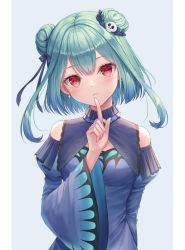 Rule 34 | 1girl, :3, arm at side, bad id, bad pixiv id, bare shoulders, black ribbon, blue dress, blush, breasts, commentary request, double bun, dress, earrings, green hair, grey background, hair bun, hair ornament, hair ribbon, hand up, head tilt, highres, hololive, index finger raised, jewelry, long sleeves, looking at viewer, red eyes, ribbon, seungju lee, sidelocks, skull hair ornament, small breasts, smile, solo, upper body, uruha rushia, uruha rushia (1st costume), virtual youtuber, white background, wide sleeves