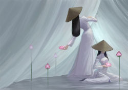 Rule 34 | 2girls, amano satomi, black hair, commentary request, covered face, curtains, dress, flower, hat, holding, holding flower, long dress, long hair, long sleeves, lotus, multiple girls, original, pelvic curtain, shallow water, sitting, standing, vietnamese dress, wading, water, white dress