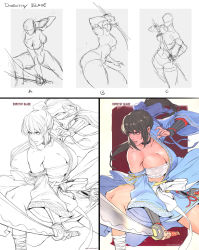 Rule 34 | 1girl, asymmetrical clothes, black choker, black hair, blue kimono, bow, breasts, character name, choker, cleavage, commentary, commission, detached sleeves, dorothy blade, english commentary, fighting stance, hair bow, highres, japanese clothes, katana, kimono, large breasts, lineart, making-of available, obi, off shoulder, ponytail, purple bow, red eyes, rejean dubois, samurai, samurai of oz, sash, scabbard, sheath, sketch, solo, sword, vambraces, weapon
