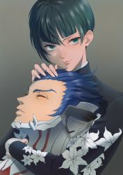 Rule 34 | 2boys, absurdres, androgynous, bad id, bad pixiv id, black hair, blue hair, blunt bangs, bodysuit, character request, closed eyes, diagonal bangs, floral print, gakuran, gradient background, hair slicked back, hand on another&#039;s head, hand up, head hug, head on chest, highres, jacket, lips, long hair, looking at viewer, male focus, multiple boys, nana (hndj4527), parted lips, print jacket, protagonist (smtv), resolution mismatch, school uniform, shin megami tensei, shin megami tensei v, short hair, source smaller, trap, upper body