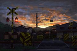Rule 34 | air conditioner, commentary request, crosswalk, gensuke (ryun), highres, house, mountain, no humans, original, outdoors, power lines, railroad crossing, railroad signal, railroad tracks, red clouds, road, scenery, sky, traffic mirror, tree, twilight, utility pole