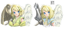 Rule 34 | 1girl, ahoge, angel, angel wings, asymmetrical wings, blonde hair, blue eyes, borrowed character, breasts, capelet, cassie (acerailgun), cyborg, eudetenis, feathered wings, flower, hair flower, hair ornament, japanese clothes, kimono, mechanical arms, mechanical wings, multiple views, original, simple background, single mechanical arm, small breasts, smile, upper body, variations, white background, wings