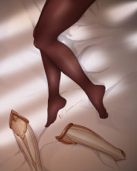 Rule 34 | 1girl, absurdres, armor, unworn armor, bed sheet, black pantyhose, chinese commentary, commentary, commentary request, dated, english commentary, feet, from above, genshin impact, greaves, highres, knees together feet apart, leg armor, legs, lower body, lying, mixed-language commentary, no shoes, noelle (genshin impact), on side, out of frame, pantyhose, shiny clothes, signature, soles, solo, thighs, toes, xhb