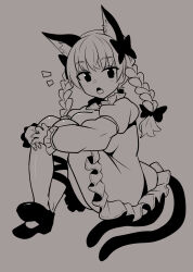 Rule 34 | 1girl, animal ears, bow, braid, cat ears, cat tail, chups, dress, extra ears, full body, hair bow, high collar, high contrast, highres, kaenbyou rin, long hair, looking at viewer, monochrome, multiple tails, nekomata, open mouth, side braids, simple background, sitting, solo, tail, touhou, twin braids, two tails