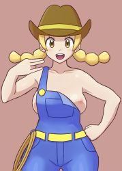 Rule 34 | 1girl, :d, bare arms, bare shoulders, belt, blonde hair, blush, breasts, brown hat, buttons, collarbone, cowboy hat, cowboy shot, cowgirl (western), creatures (company), denim, game freak, hat, large breasts, lasso, long hair, looking at viewer, nakaba, naked overalls, nintendo, nipples, npc trainer, one breast out, one nipple out, open mouth, overalls, pink background, pokemon, pokemon breeder (pokemon), pokemon sm, rope, shocker, sideboob, simple background, smile, solo, standing, suspenders, teeth, tongue, twintails, yellow eyes