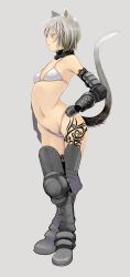 Rule 34 | 1girl, animal ears, arched back, armor, bikini, cat ears, cat tail, elbow gloves, flat chest, gauntlets, gloves, greaves, grey hair, izumi (walnov), long image, original, short hair, solo, swimsuit, tail, tall image, tattoo, thighhighs, yellow eyes