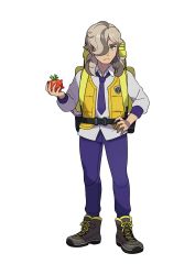 Rule 34 | 1boy, absurdres, artist request, arven (pokemon), backpack, bag, belt, boots, brown footwear, brown hair, collared shirt, creatures (company), food, fruit, game freak, green eyes, highres, holding, holding food, holding fruit, male focus, medium hair, necktie, nintendo, official art, pants, pokemon, pokemon sv, purple necktie, purple pants, shirt, simple background, solo, sweater, tamato berry, transparent background, vest, white shirt, white sweater, yellow vest
