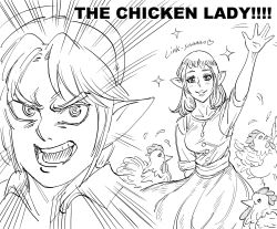 Rule 34 | 1boy, 1girl, anju, bad id, bb (baalbuddy), bird, blush, character request, chicken, commentary, emphasis lines, english commentary, english text, feathers, greyscale, hand up, highres, inactive account, link, looking at viewer, monochrome, nintendo, open mouth, pointy ears, ringed eyes, simple background, smile, sparkle, the legend of zelda, waving, white background, wide-eyed, young link