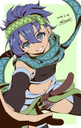 Rule 34 | 1girl, bike shorts, blue eyes, blue hair, border, crop top, dated, detached sleeves, double-parted bangs, earrings, eiyuu densetsu, feri al-fayed, floating scarf, green background, highres, jewelry, kai no kiseki, looking at viewer, scarf, short hair, signature, simple background, smile, solo, thighhighs, tinybiard, twitter username, white border