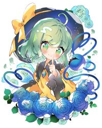 Rule 34 | 1girl, absurdres, ahoge, black hat, blue flower, blue rose, buttons, c:, closed mouth, collared shirt, commentary, diamond button, finger to mouth, floral background, flower, frilled shirt collar, frilled sleeves, frills, green eyes, green hair, happy, hat, hat ribbon, heart, heart of string, highres, index finger raised, koishi day, komeiji koishi, long sleeves, looking at viewer, medium hair, mikako chan3, ribbon, rose, shirt, simple background, smile, solo, symbol-only commentary, third eye, touhou, upper body, white background, wide sleeves, yellow ribbon, yellow shirt