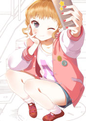 Rule 34 | 1girl, bad id, bad pixiv id, black eyes, blush, brown hair, cellphone, closed mouth, collarbone, furururu, holding, holding phone, looking at viewer, nail polish, one eye closed, original, phone, red nails, short hair, smartphone, smile, solo, wavy hair