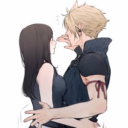 Rule 34 | 1boy, 1girl, bare arms, bare shoulders, black shirt, blonde hair, blush, breast press, brown hair, cloud strife, earrings, english text, final fantasy, final fantasy vii, flying sweatdrops, from side, gloves, hand up, hetero, highres, hug, jewelry, long hair, looking away, maiii (smaii i), shirt, short hair, shoulder pads, simple background, sleeveless, spiked hair, tifa lockhart, upper body