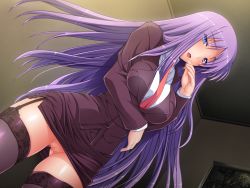 Rule 34 | 1girl, blue eyes, blush, breasts, censored, formal, game cg, garter straps, ino (magloid), large breasts, legs, long hair, looking at viewer, midori aoi, necktie, nise kyouso, no panties, open mouth, purple hair, pussy, skirt, solo, standing, suit, takatsu miki, thighhighs, thighs