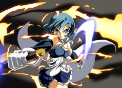Rule 34 | 10s, 1girl, bad id, bad pixiv id, bare shoulders, blue eyes, blue hair, cape, dual wielding, female focus, gradient background, holding, magical girl, mahou shoujo madoka magica, mahou shoujo madoka magica (anime), matching hair/eyes, miki sayaka, short hair, skirt, solo, suiya, sword, weapon