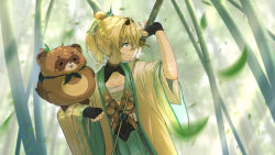 Rule 34 | 1girl, animal on arm, arm up, bamboo, bamboo forest, black gloves, blonde hair, blue eyes, blue skirt, chest sarashi, commentary request, fingerless gloves, forest, gloves, haori, highres, holding, holding sword, holding weapon, hololive, holox, japanese clothes, kazama iroha, leaf, long sleeves, looking away, looking to the side, nature, outdoors, parted lips, pokobee, ponytail, sarashi, sheath, short hair, skirt, solo, sword, tanuki, unsheathing, virtual youtuber, weapon, weapon on back, yoruillust