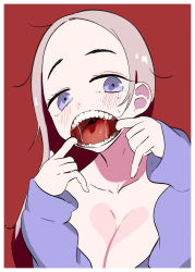Rule 34 | 1girl, blue eyes, blush, border, breasts, cleavage, dental filling, female focus, gradient background, grey hair, highres, long hair, looking at viewer, mole, mole under eye, mouth pull, nn ssmmdd, open mouth, original, red background, saliva, sleeves past wrists, solo, teeth, tongue, uvula, white border