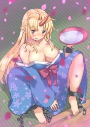 Rule 34 | 1girl, arm up, bare shoulders, barefoot, between legs, blonde hair, blush, breasts, chain, cherry blossom print, cleavage, collarbone, commentary request, cuffs, cup, fang, floral print, hand between legs, horns, hoshiguma yuugi, hoshiguma yuugi (kimono), japanese clothes, kimono, knees up, large breasts, long hair, looking at viewer, no bra, off shoulder, onomiya, open mouth, parted bangs, petals, pointy ears, sakazuki, shackles, single horn, sitting, solo, star (symbol), star print, tatami, touhou, very long hair, yellow eyes