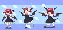Rule 34 | 1girl, :d, :o, ^ ^, aged down, alternate hair length, alternate hairstyle, arms up, bat wings, blush, child, closed eyes, demon tail, dress, dress shirt, fang, fangs, female focus, fish, head wings, highres, isaki (gomi), juliet sleeves, koakuma, long sleeves, multiple views, open mouth, outstretched arm, paw pose, pointy ears, puffy sleeves, purple dress, red eyes, red hair, sequential, shirt, short hair, smile, standing, standing on one leg, tail, touhou, white shirt, wings
