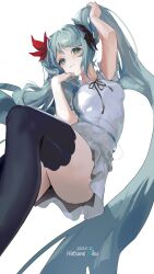 Rule 34 | 1girl, absurdres, aqua eyes, aqua hair, arm up, black ribbon, black thighhighs, breasts, character name, closed mouth, commentary, dated, dress, hair ribbon, hatsune miku, highres, long hair, looking at viewer, medium breasts, miku day, red ribbon, ribbon, short sleeves, simple background, solo, supreme (module), thighhighs, twintails, very long hair, vocaloid, white background, white dress, world is mine (vocaloid), wumumu