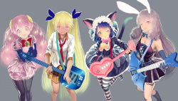 Rule 34 | 4girls, animal ears, bell, black bow, black dress, black legwear, blue gloves, blue hair, bow, bowtie, breasts, cat ears, cat tail, chuchu (show by rock!!), cleavage, collared shirt, curly hair, cyan (show by rock!!), dress, elbow gloves, feet out of frame, gloves, green eyes, grey background, guitar, highres, instrument, leotard, long hair, long sleeves, looking at viewer, mablex, moa (show by rock!!), multiple girls, necktie, one eye closed, pantyhose, pink bow, pink hair, playboy bunny, pleated skirt, purple eyes, purple hair, red bow, retoree (show by rock!!), shirt, show by rock!!, simple background, skirt, striped clothes, striped legwear, striped pantyhose, tail, very long hair, white shirt, yellow skirt
