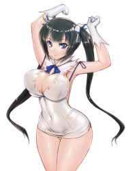 Rule 34 | 10s, 1girl, armpits, arms up, black hair, blue eyes, breasts, cleavage, cleavage cutout, clothing cutout, covered navel, dress, dungeon ni deai wo motomeru no wa machigatteiru darou ka, female focus, gloves, hair ribbon, hestia (danmachi), large breasts, long hair, looking at viewer, rei no himo, ribbon, rindou (radical dream), simple background, smile, solo, twintails, white dress, white gloves